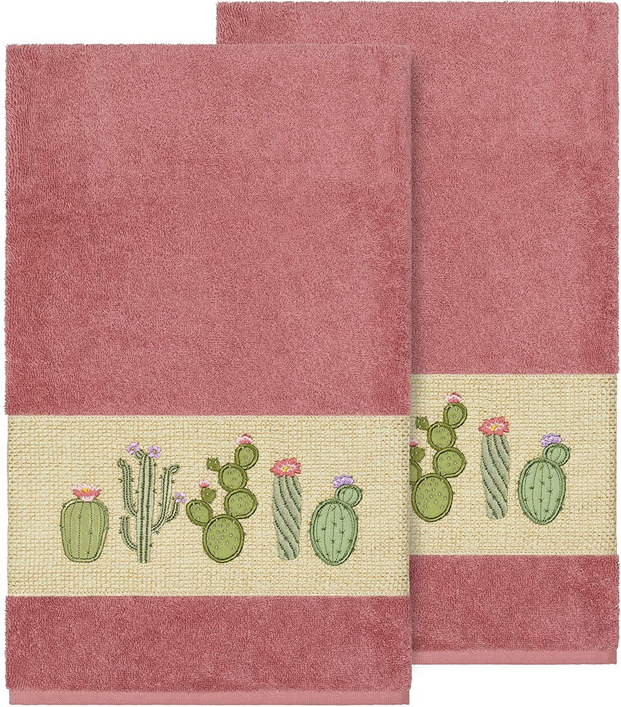 Turkish Cotton Cactus Embroidered Tea Rose 2 Piece Bath Towel Set Pink Botanical Terry Cloth