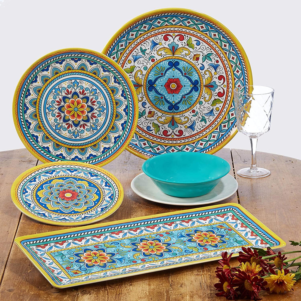 11 inch Melamine Dinner Plates (Set 6) Blue Color Yellow Floral Modern Contemporary Round 6 Piece Dishwasher Safe