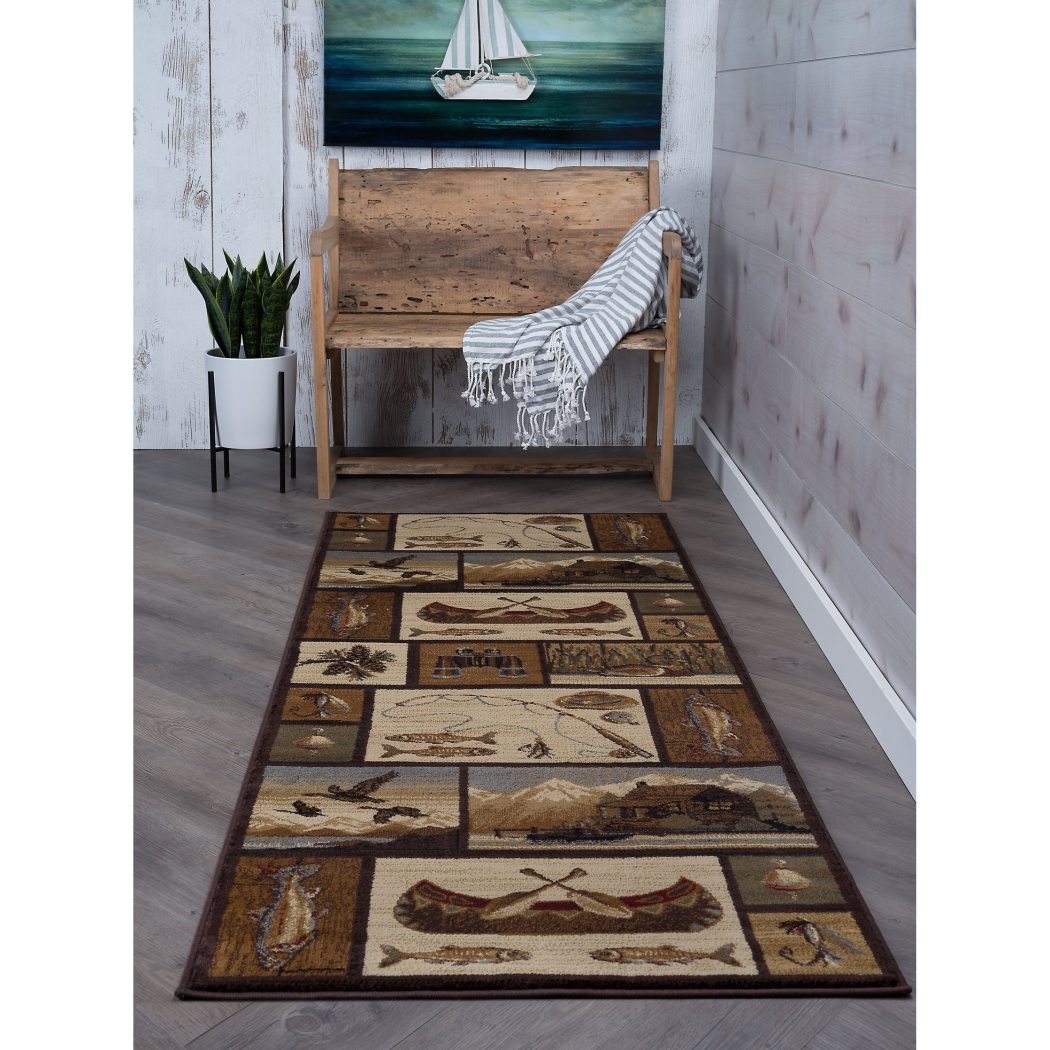 2'7 x 7'3 Brown Tan Hunting Theme Runner Rug Rectangle Indoor Grey White Fishing Canoe Pattern Hallway Carpet Wildlife Themed Entryway Lodge Cabins