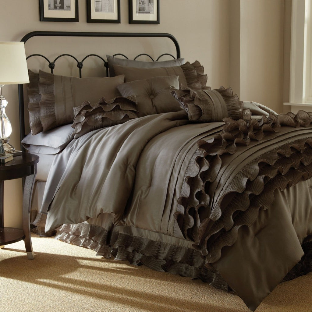 Dark Brown Gypsy Ruffled Comforter Queen Set Coffee Brown Flowing Ruffles Pattern Layered Overlapping Gypsies Hippie Themed Hippy Layers Adult Bedding - Diamond Home USA