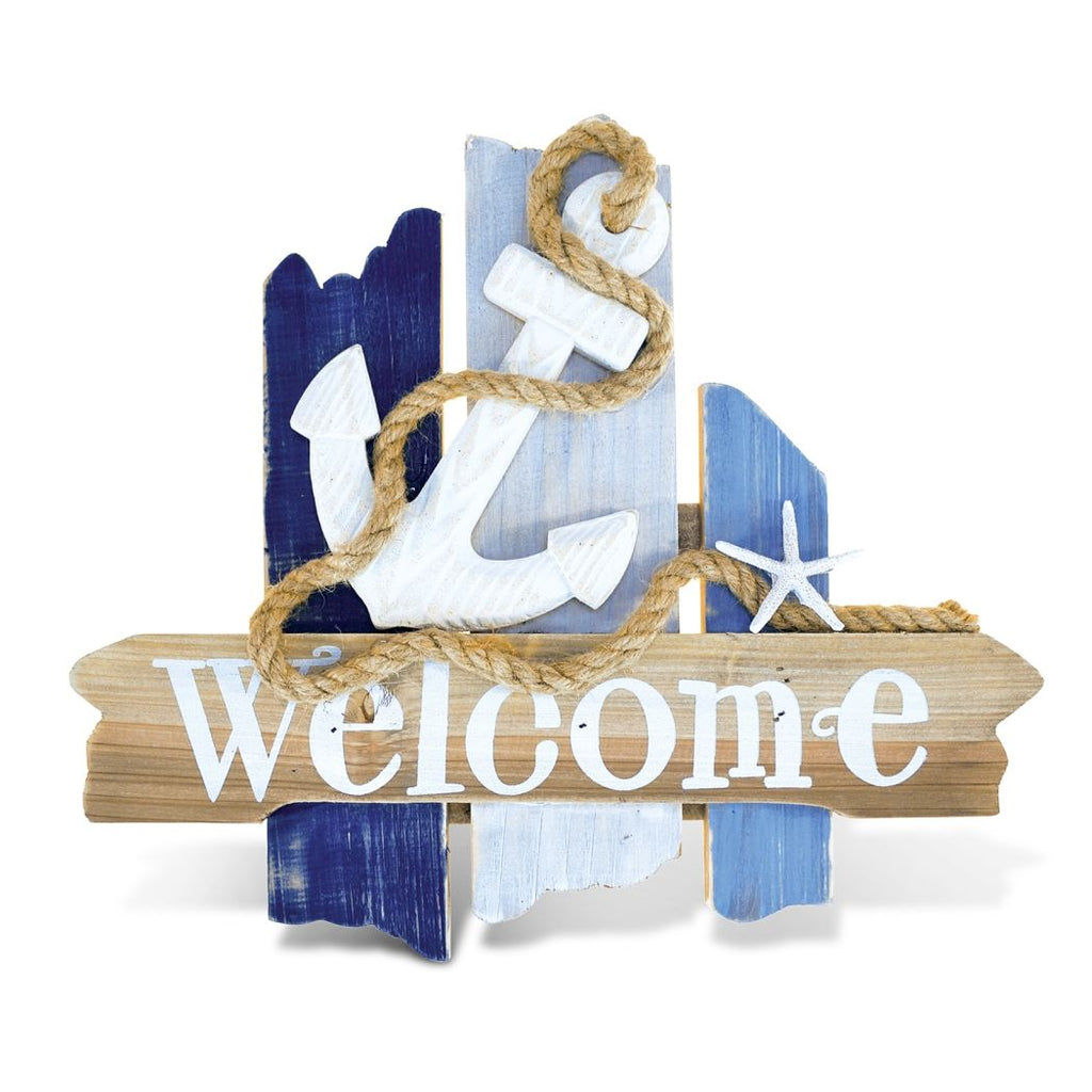 One Piece White Blue Indoor Outdoor Anchor Welcome Sign Nautical Themed Wall Art Beach Cottage Decor Ocean Lake House Starfish Rustic Shabby Chic Home - Diamond Home USA