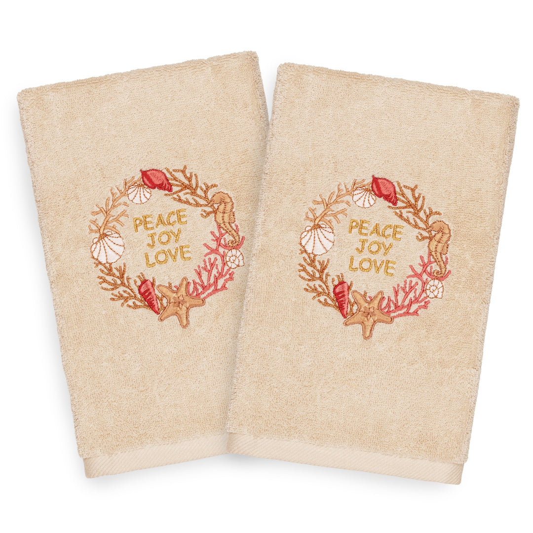 Turkish Cotton Peace Beige Set Of 2 Hand Towels Brown Gold