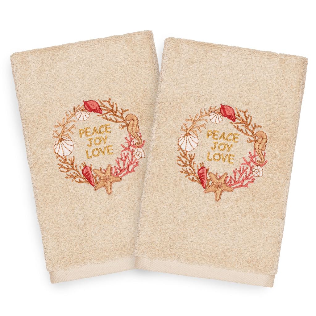 Turkish Cotton Peace Beige Set Of 2 Hand Towels Brown Gold Red Terry Cloth Embroidered - Diamond Home USA