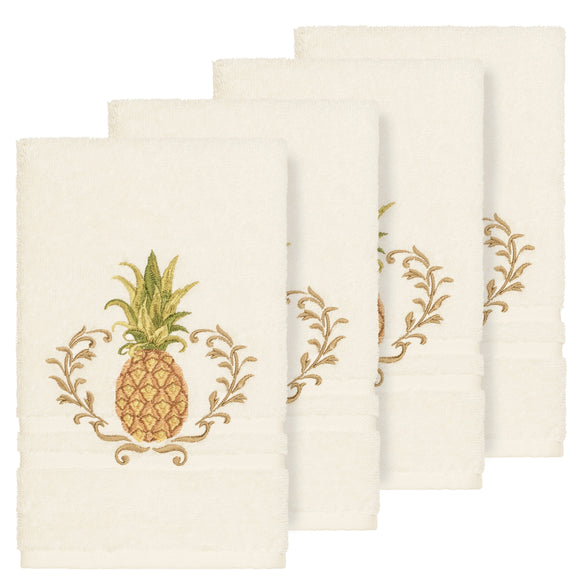 Authentic Hotel and Spa Turkish Cotton Pineapple Embroidered Cream 4-piece Hand Towel Set Off-white Terry Cloth - Diamond Home USA