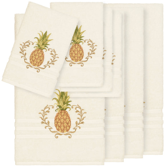 Authentic Hotel and Spa Turkish Cotton Pineapple Embroidered Cream 8-piece Towel Set Off-white Terry Cloth - Diamond Home USA
