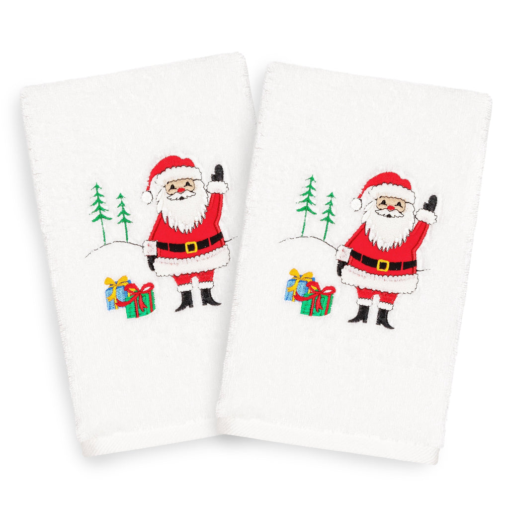 Turkish Cotton Waving Santa White Set Of 2 Hand Towels Red Terry Cloth Embroidered - Diamond Home USA