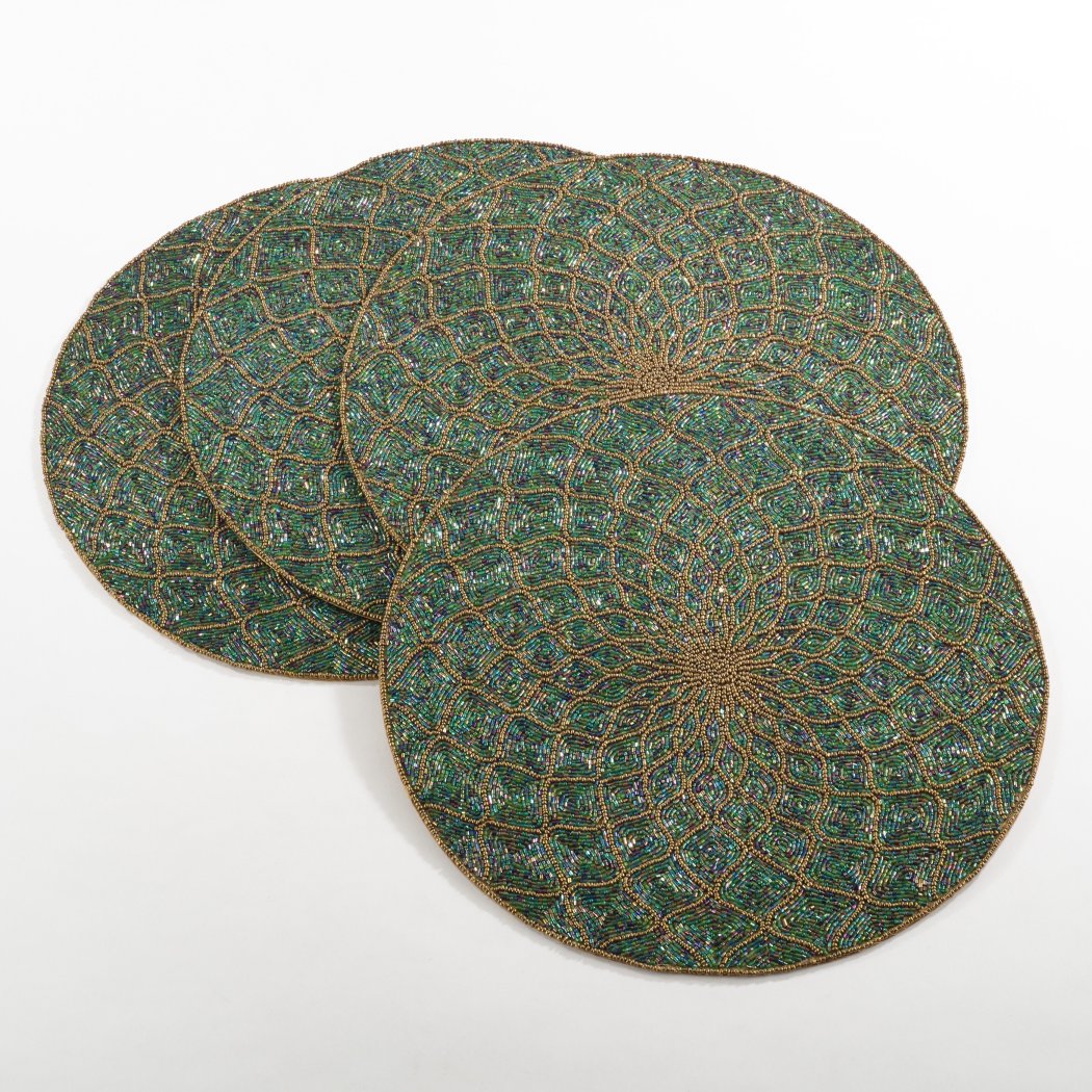 Green Gold Geometric Pattern Placemats Set Glass Beaded Textured Design Round Shape Place Mats Features Hand Wash Easy Clean Synthetic Fiber All - Diamond Home USA