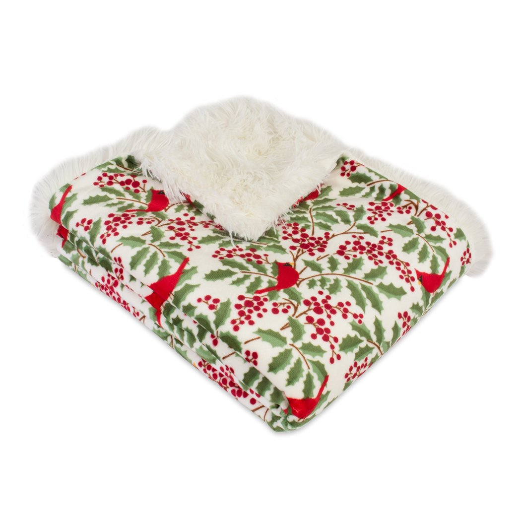 50 x 60 Red Green Christmas Theme Throw Blanket Jolly Winter Holiday Spirit Festive Holly Branches Cardinals Bedding Solid White Color Plush Nature - Diamond Home USA
