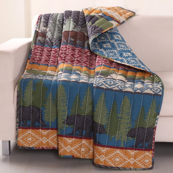 50x60 Green Brown Animal Throw Blanket Blue Red Nature Wild Life Bear Themed Bedding Diamond Jacquard Geometric Pattern White Orange Quilted Forest - Diamond Home USA