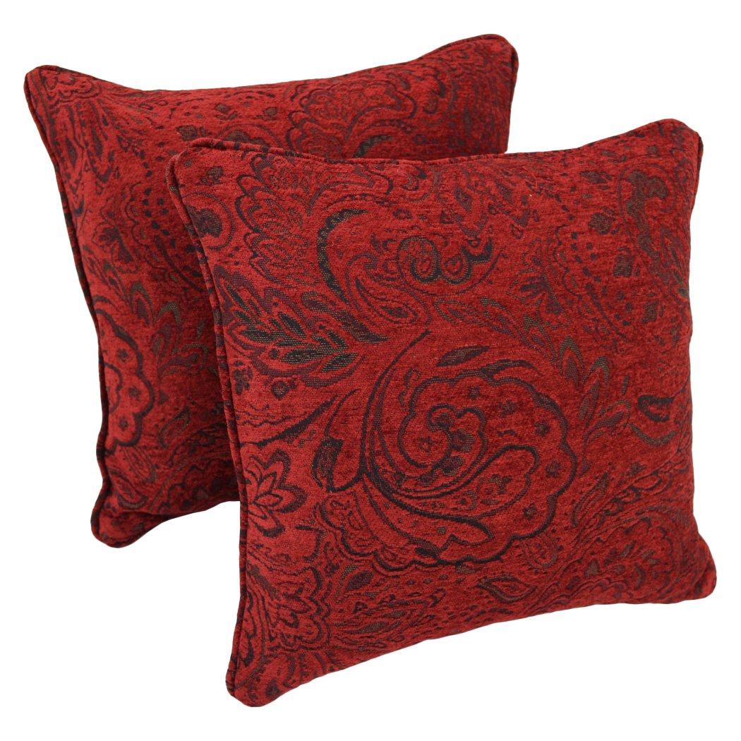 18 x 18 Red Chenille Throw Pillow Black Jacquard Damask Floral Abstract Textured Pillows Flower Corded Edging Cushion Headrest Sofa Couch Casual - Diamond Home USA