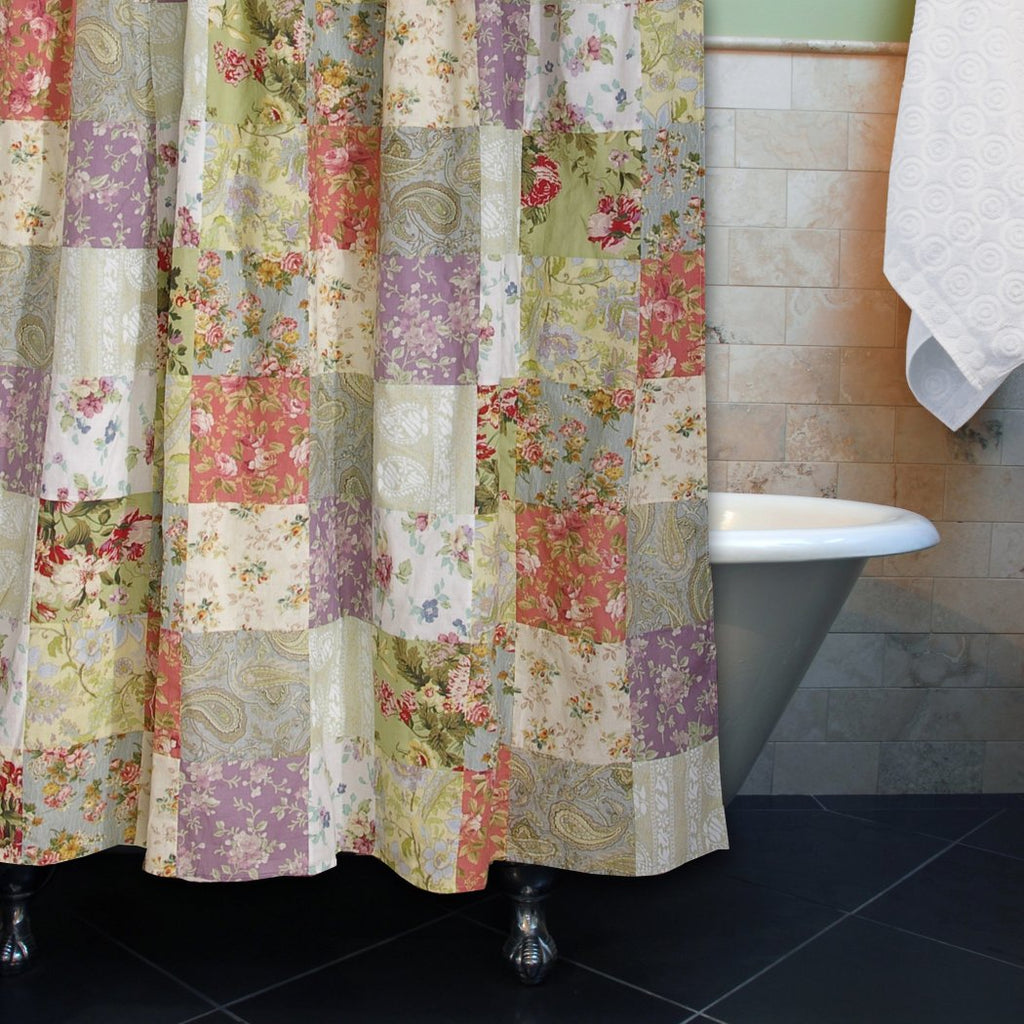 Green Red Violet Patchwork Pattern Shower Curtain Elegant Check Floral Printed Cotton Colorful Flowers Printed - Diamond Home USA