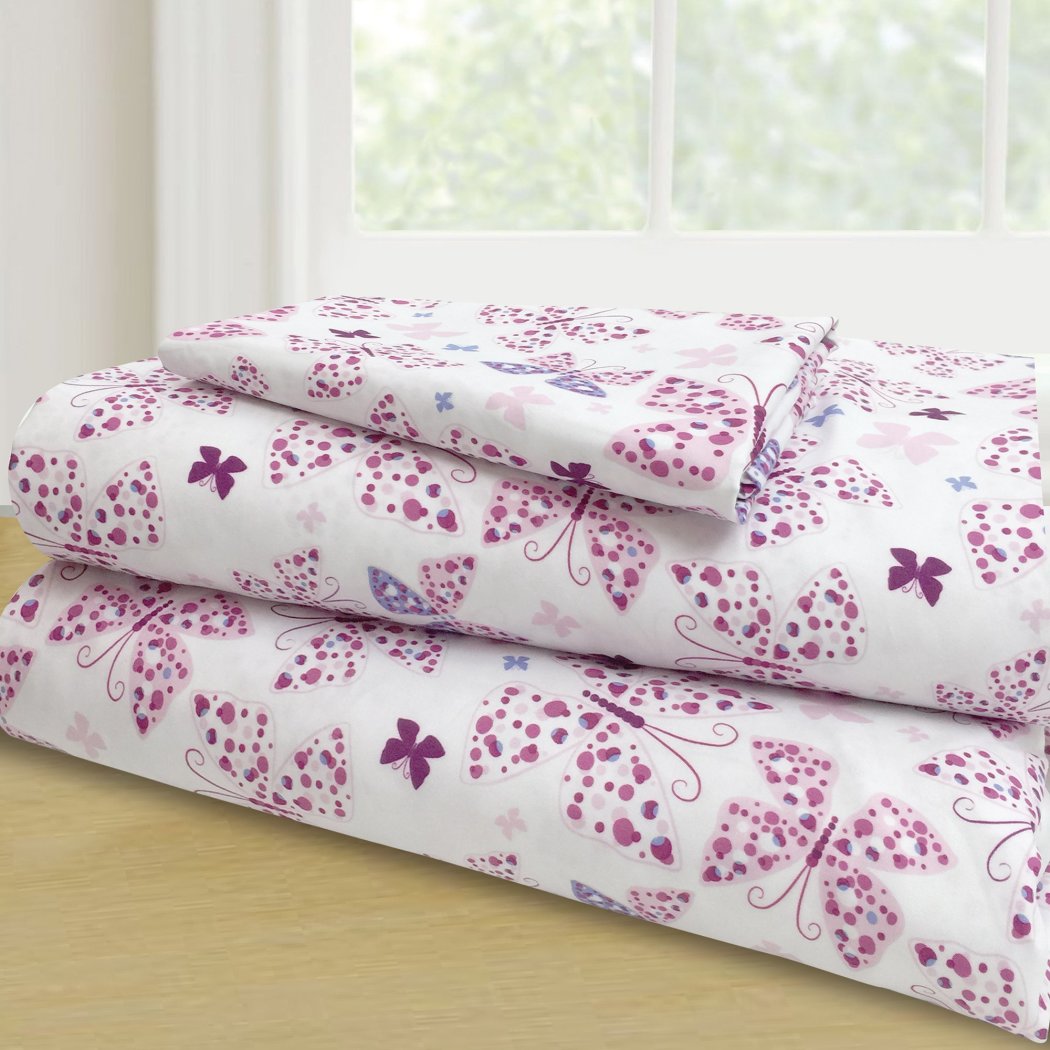 Pink Purple Butterfly Pattern Sheets Twin Set Cute Dancing Decorative Polka Dots Butterflies Theme Bedding Fully Elasticized Fitted Extra Soft & Comfy - Diamond Home USA