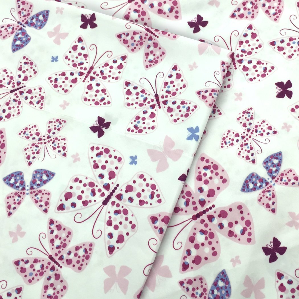 Pink Purple Butterfly Pattern Sheets Twin Set Cute Dancing Decorative Polka Dots Butterflies Theme Bedding Fully Elasticized Fitted Extra Soft & Comfy - Diamond Home USA