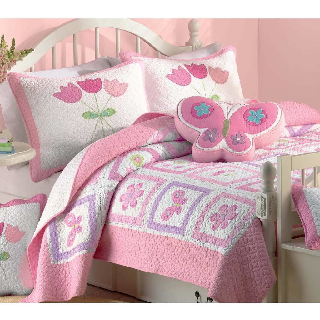 Girls Color Butterfly Flower Printed Quilt Set Twin Green Pink White Square Box Floral Animal Printed Teen Themed Kids Bedding Bedroom Cuddly Fancy Colorful Cotton - Diamond Home USA