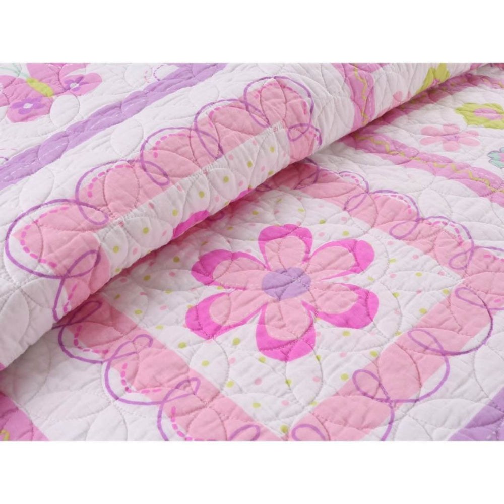 Girls Color Butterfly Flower Printed Quilt Set Twin Green Pink White Square Box Floral Animal Printed Teen Themed Kids Bedding Bedroom Cuddly Fancy Colorful Cotton