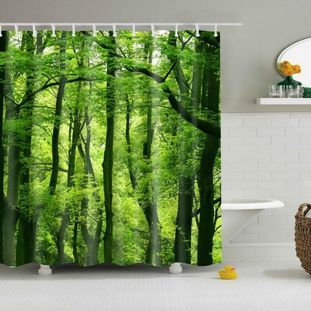 Butterfly Tree Bathroom Fabric Shower Curtain With 12 Hooks Green Graphic Print Casual Polyester - Diamond Home USA