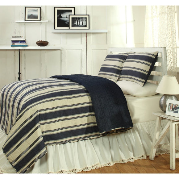 Navy Blue Ivory Bold Stripes Pattern Quilt King Size Boys Fun Geometric StripeInspired Cottage Design Solid Bedding Vibrant Colors Soft Cotton Synthetic Fiber - Diamond Home USA