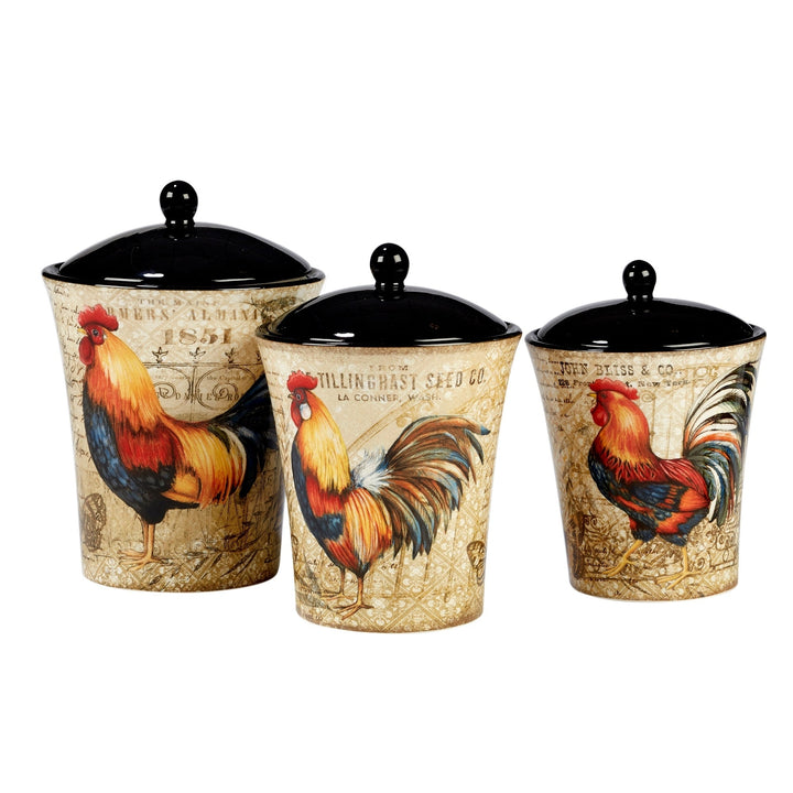 Gilded Rooster 3-piece Canister Set Black Multi Color Tan