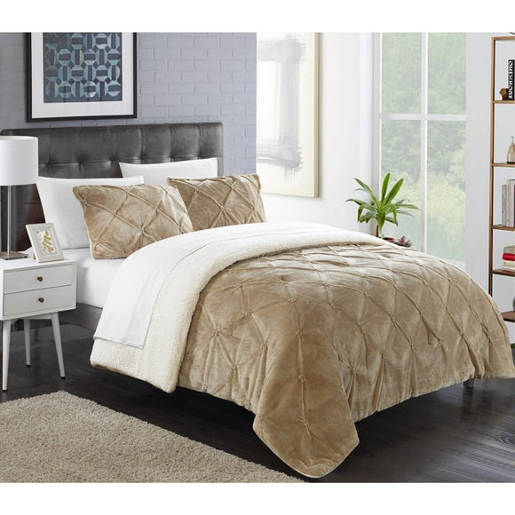 Beige Luxury Pinch Pleated Pattern Comforter Twin XL Set Ruffled Pintuck Design Super Soft & Snuggly Sherpa Lined Bedding Solid Color High Class - Diamond Home USA