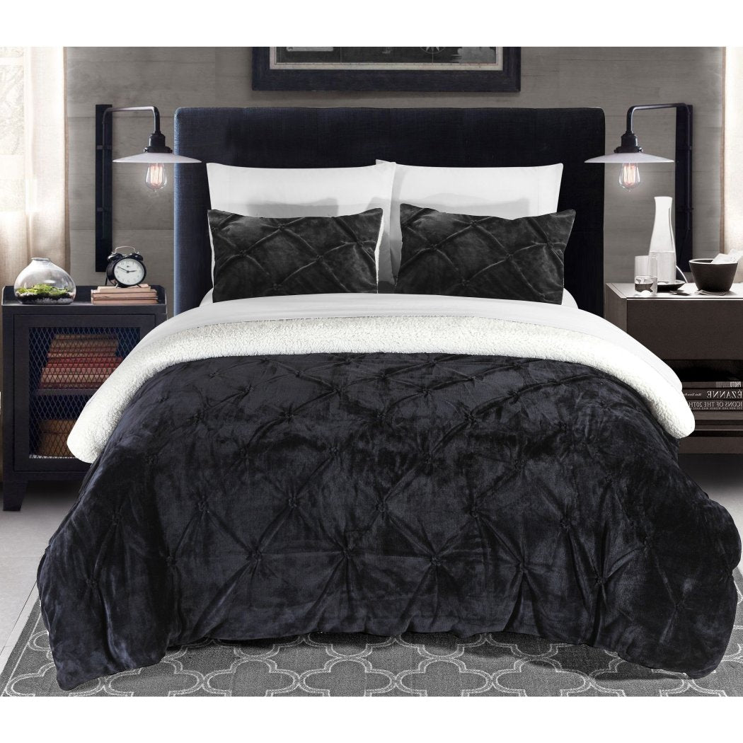 Black Luxury Pinch Pleated Pattern Comforter Twin XL Set Ruffled Pintuck Design Super Soft & Snuggly Sherpa Lined Bedding Solid Color High Class - Diamond Home USA