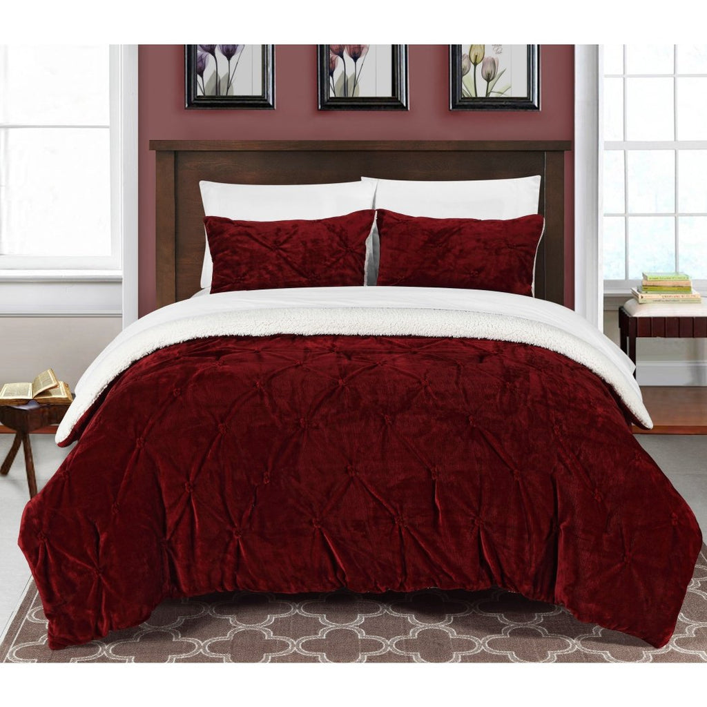 Burgundy Luxury Pinch Pleated Pattern Comforter Twin XL Set Elegant Ruffled Pintuck Design Super Soft & Snuggly Sherpa Lined Bedding Solid Color High - Diamond Home USA