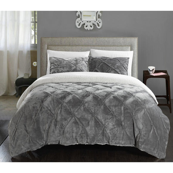 Micro Plush Pinch Pleated Comforter Set Chic Plush Pinched Pleat Pintuck Diamond Tufted Textured Sherpa Lined Bedding Stylish Pin Tuck Puckered Texture Themed