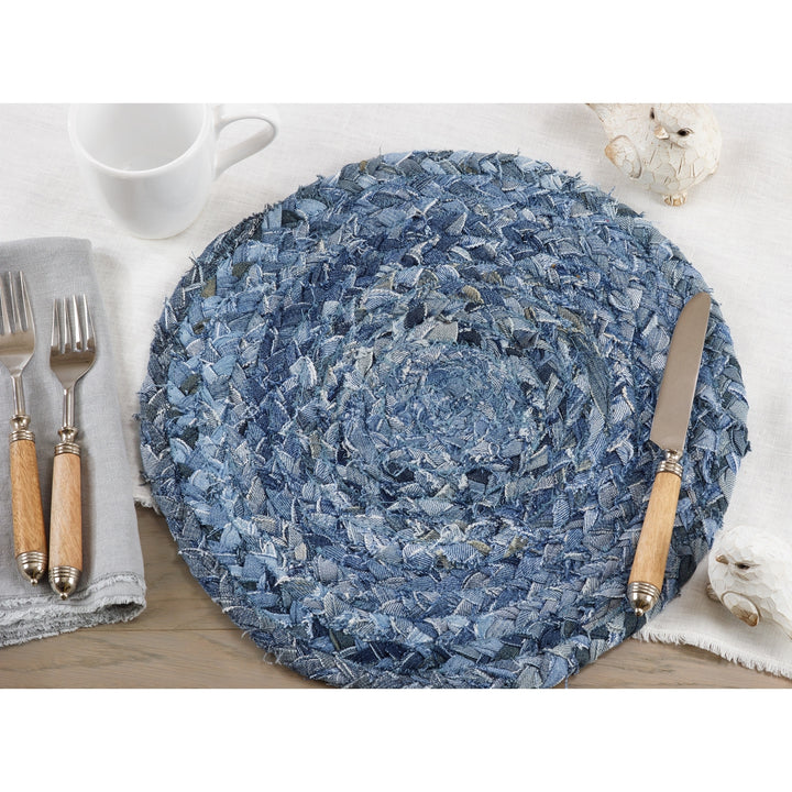 Chindi Placemats With Denim Design (Set of 4) Blue Round Cotton