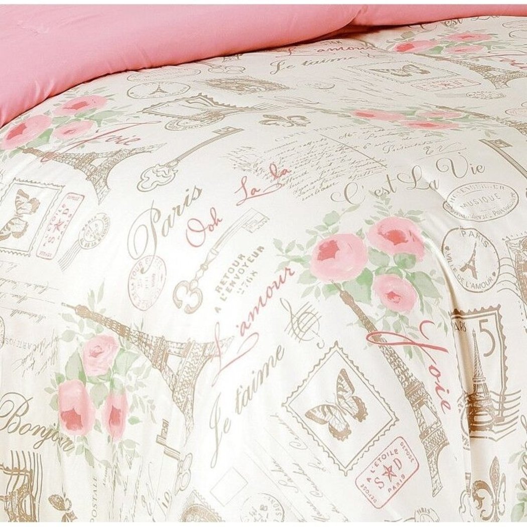 Girls I Love Paris Comforter Set Romantic France Eiffel Tower Themed Bedding Love Key Post Card Stamp Floral