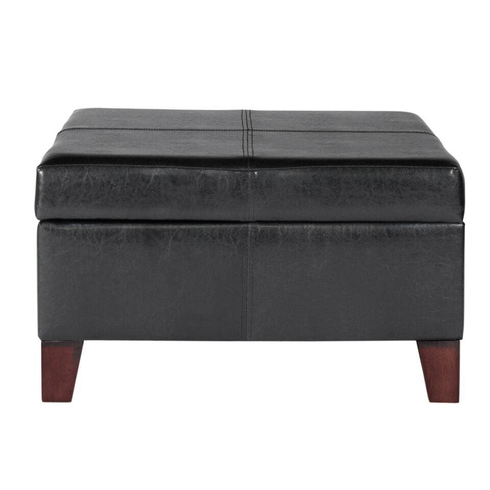 Silene Luxury Large Black Faux Leather Storage Ottoman Table Solid Traditional Square Wood Walnut Finish