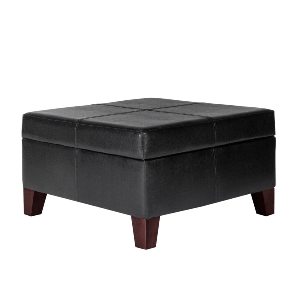 Silene Luxury Large Black Faux Leather Storage Ottoman Table Solid Traditional Square Wood Walnut Finish