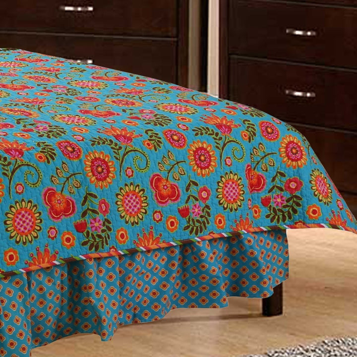 Color Gypsy Floral Quilt Set Twin Green Red Flower Printed Teen Themed Checkered Pattern Kids Bedding Bedroom Traditional Casual Colorful Cotton