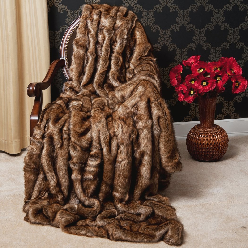 Brown Animal Pattern Faux Fur Plush Throw 58x60 Luxury