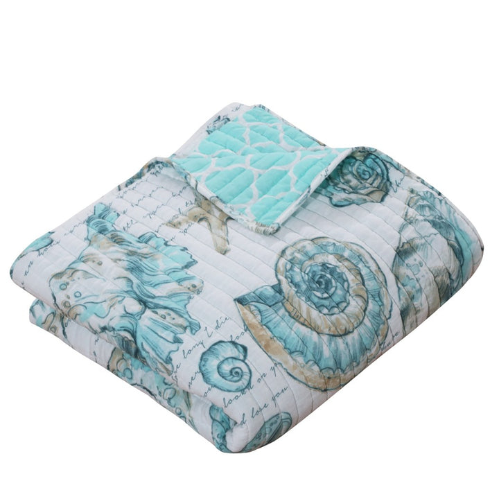 50 x 60 Teal Blue White Beach Theme Throw Blanket Coastal Nautical Tropical Themed Bedding Sea Shells Starfish Coral Reef Poetic Quote Pattern Trellis Lattice Polyester