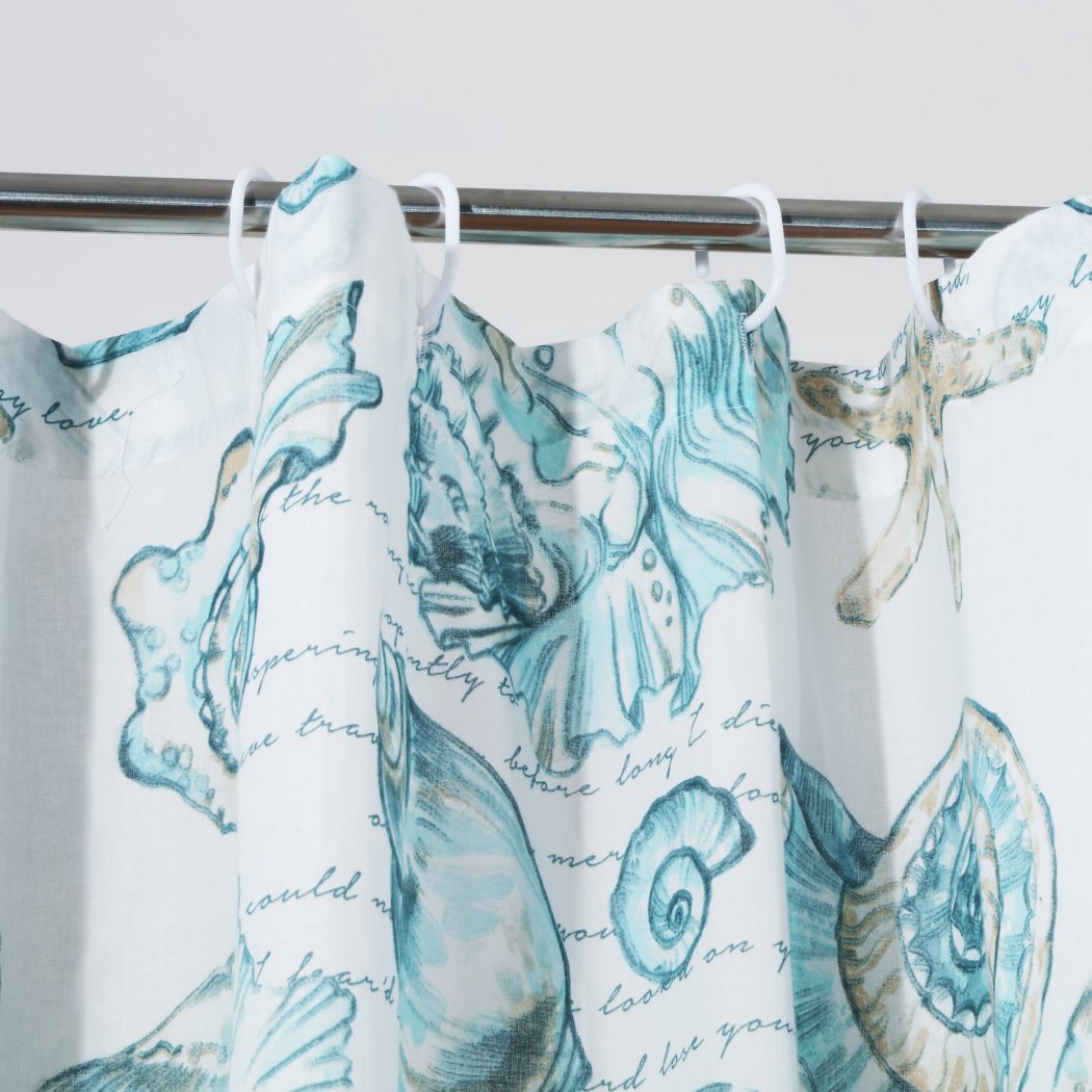 Blue Ocean Theme Shower Curtain Coastal Pattern Starfish Sea Shells Sand Dollar Deep Sea Animals Bathtub Curtain All Seasons Machine Wash Polyester