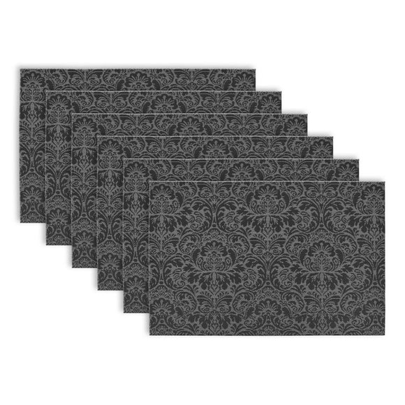Set 6 13 x 18 Black Damask Kitchen Placemats Intricate Grey Contemporary Floral Pattern Vintage Traditional Design Dark Colors Dining Room Table - Diamond Home USA