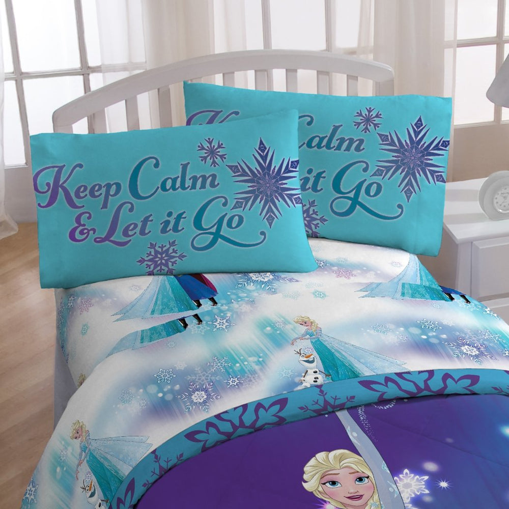 Girls Disney Frozen Comforter Twin Set Elsa Anna Character Themed Bedding Ice Princess Purple Blue Ombre Keep Calm Let It Go Snowflake Pattern