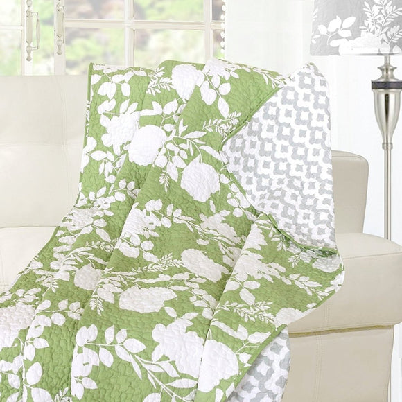 Green Grey Luxury Floral Pattern Oversize Blanket Rich Botanical Design Elegant Geometric Stripes Sofa Throw Soft & Warmth Bedding Bohemian Machine - Diamond Home USA