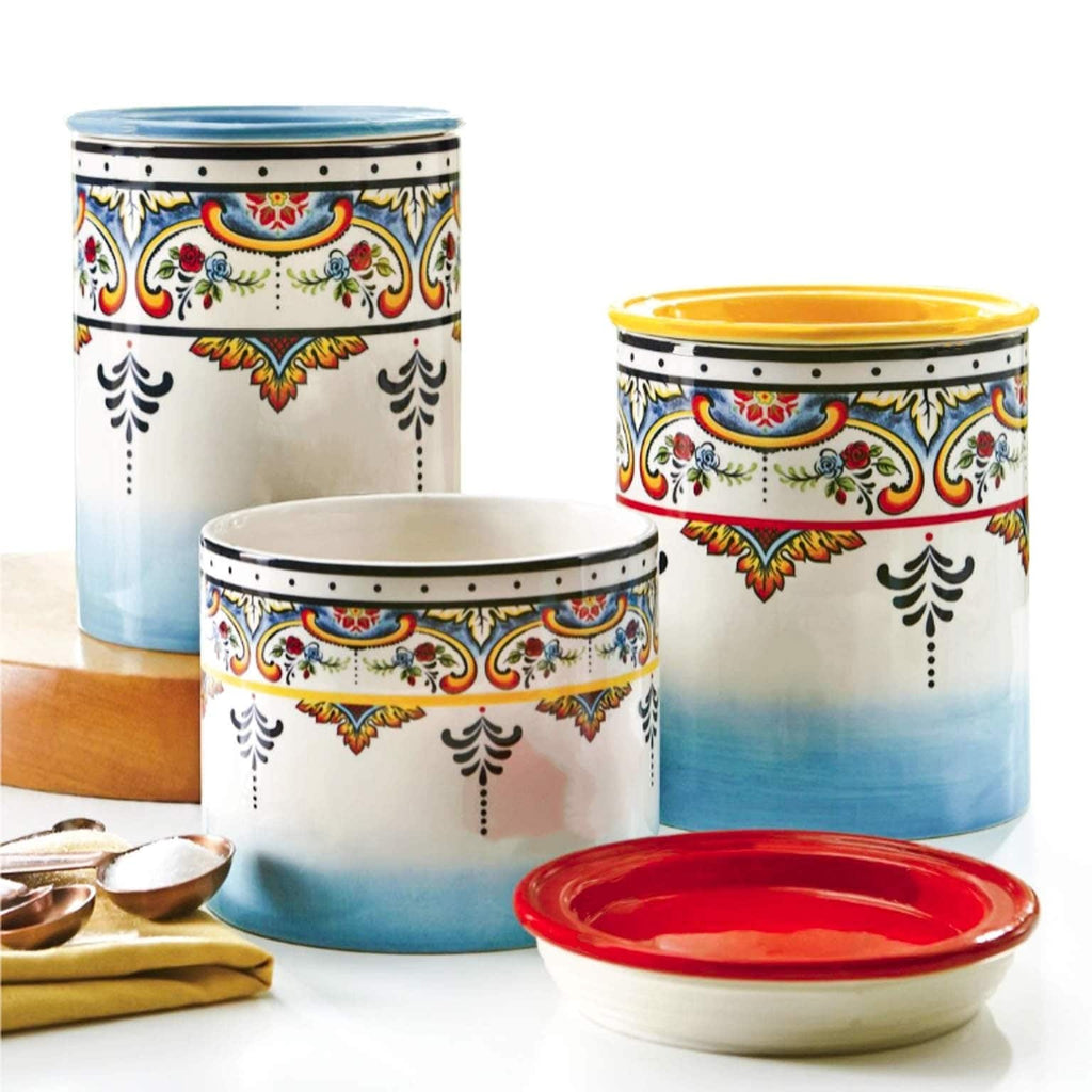 Euro Ceramica Zanzibar 3-piece Canister Set Assorted Sizes Multi Color Floral Earthenware - Diamond Home USA