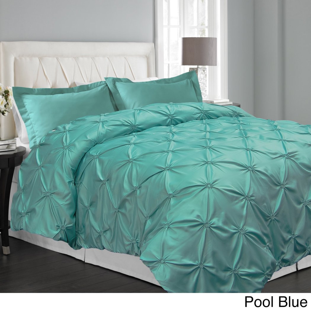 Teal Pinch Pleated Duvet Cover Full Set Chic Pinched Pleat Pintuck Diamond Tufted Textured Bedding Stylish Pin Tuck Puckered Texture Themed Blue Aqua