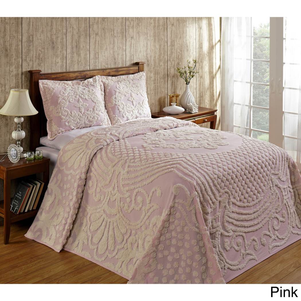 Oversized Chenille Bedspread Floral Motif Medallion Pattern Floor Oversize Bedding Extra Long Wide Drapes Over Edge Drops Down Flower Shabby