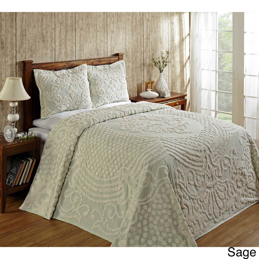 Oversized Chenille Bedspread Floral Motif Medallion Pattern Floor Oversize Bedding Extra Long Wide Drapes Over Edge Drops Down Flower Shabby