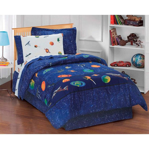 Kids Sun Moon Stars Comforter Set Outer Space Galaxy Invaders Space themed Design Stars Detailed Planet Rocket Design