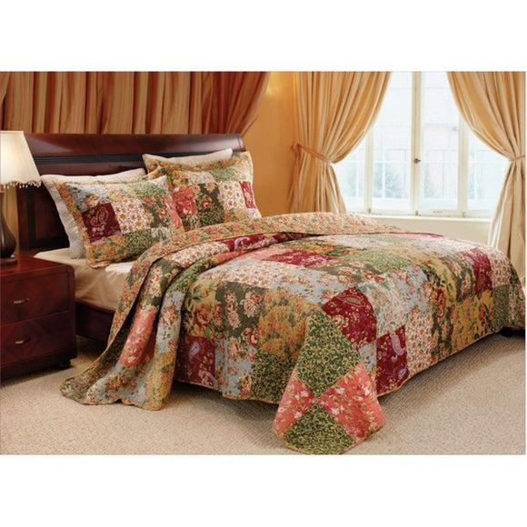 Oversized Bedspread Quilt Set Floor French Country Patchwork Pattern Floral Paisley Prints Moss