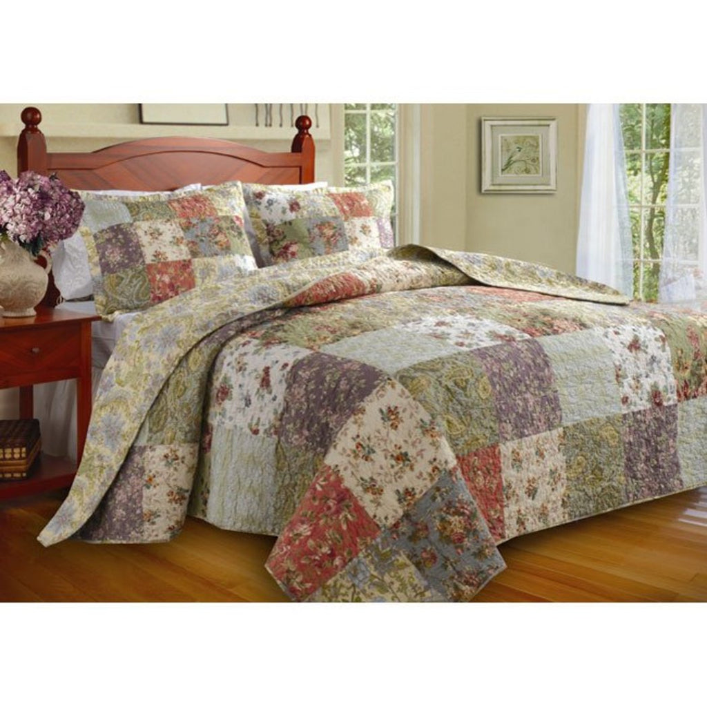Oversized Patchwork Bedspread Set Quilted French Country Damask Floral ic Flowers Pattern Prairie Themed Farmhouse Charm Cottage