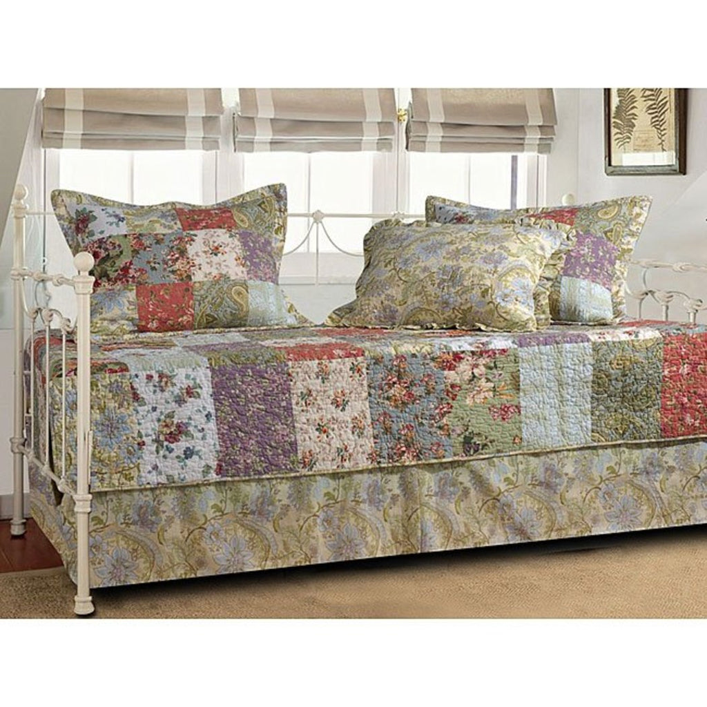 Red Brown Plaid Daybed Set Bedding Geometric Floral Motif Checked Flower Checkered Square Flowers Design Pattern Day Bed Bedskirt Pillows Polyester - Diamond Home USA