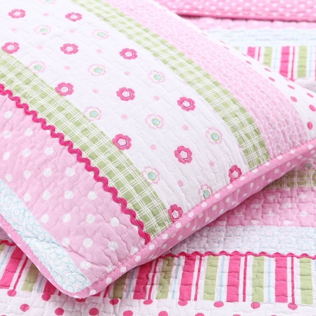 Girls Floral Stripe Quilt Set Horizontal Polka Dots Striped Pattern Pretty Flowers Themed Gorgeous Bohemian Bedding Pin Tuck Design Bright