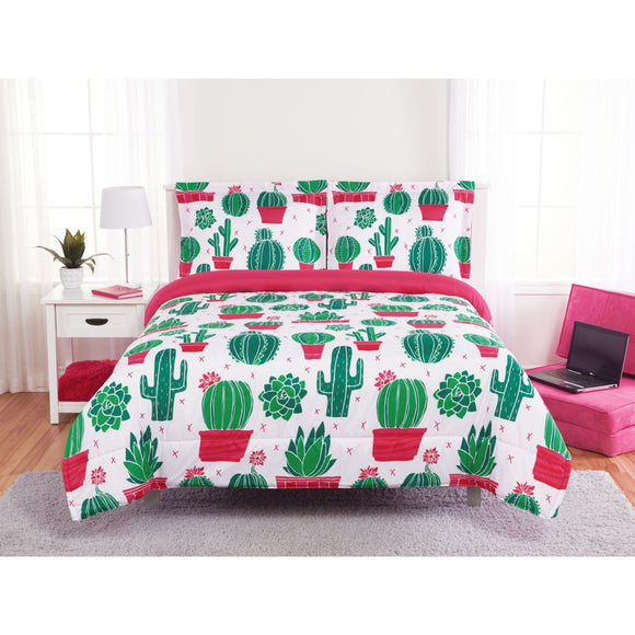 Girls Cactus Themed Comforter Set Cute Fun Cacti Floral Pot Plant Bedding Flower Potted Plants Pattern Microfiber