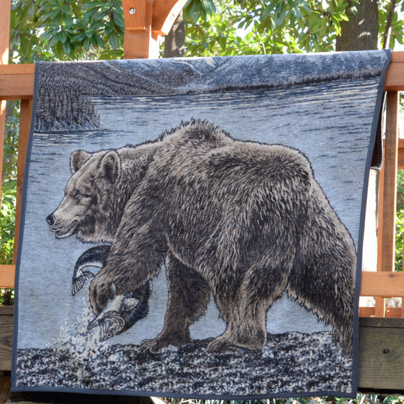 Sorrento Bear Throw Blanket Blue Brown Nature Wildlife Cabin Lodge Country Rustic Acrylic Cotton Blend Outdoor - Diamond Home USA