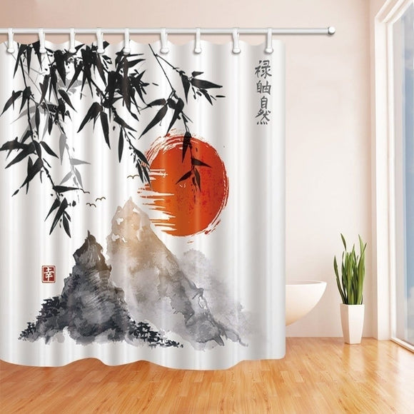 Japanese Bamboo Trees Sun and Mountains Bath Curtain Orange White Nature Modern Contemporary Polyester - Diamond Home USA