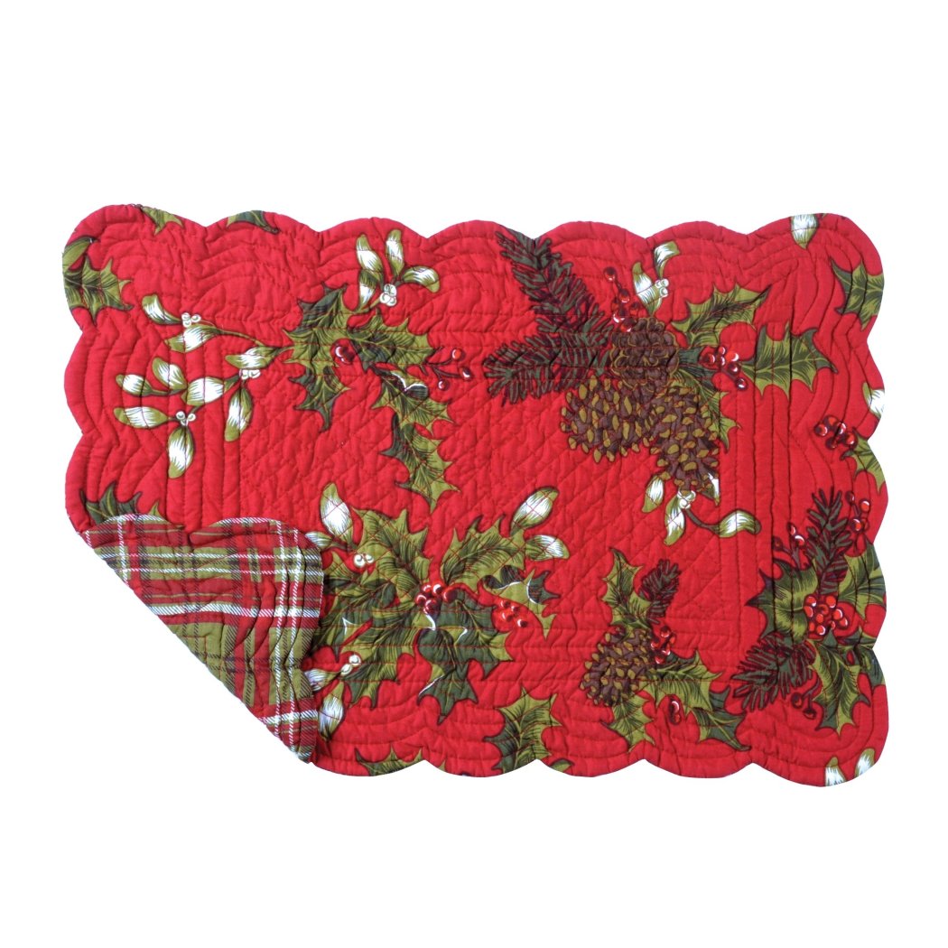 Red Floral Pattern Placemats Set Vintage Scalloped Design Borders Handcrafted Flowers Rectangle Place Mats Features Machine Wash Easy Clean Cotton All - Diamond Home USA